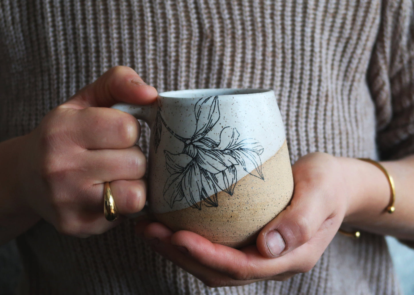 Flower Mug - White and Speckled - Handmade Ceramic Coffee Mug