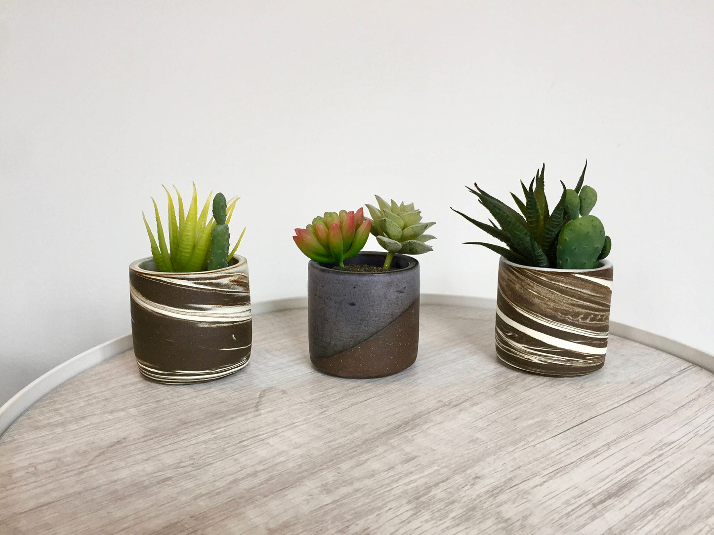 Ceramic mini planter- handmade succulent pot- brown and white- marbled clay
