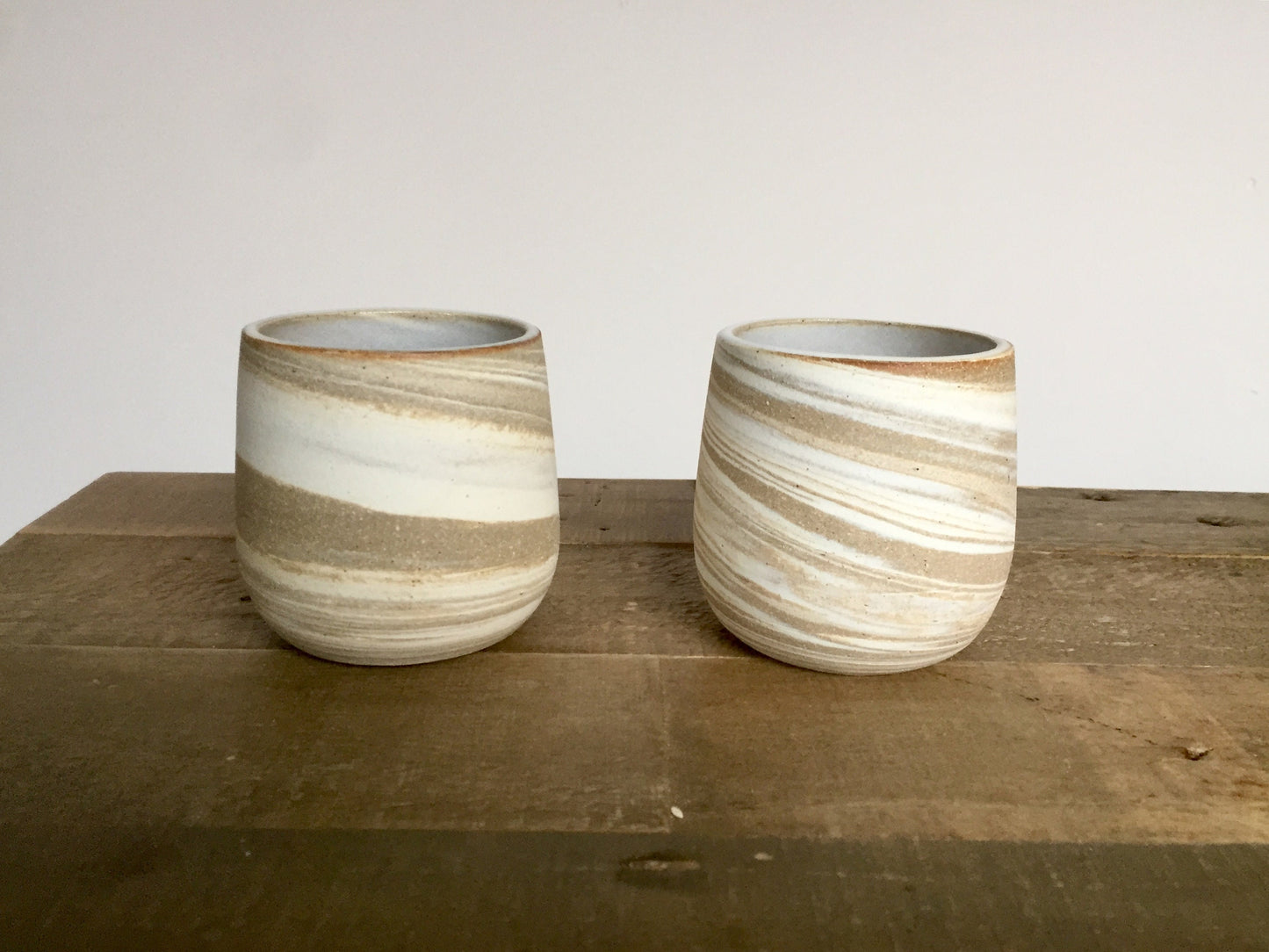 Ceramic stemless wine glass- marble clay- beige and white