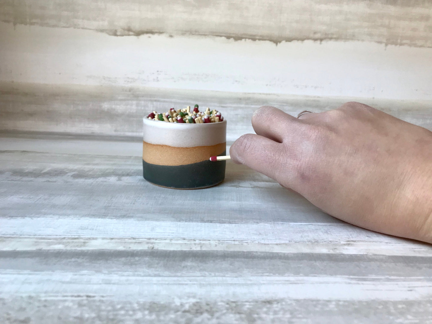 Wide tri color- ceramic Matchstick holder- Strike on side - match jar- NEW!