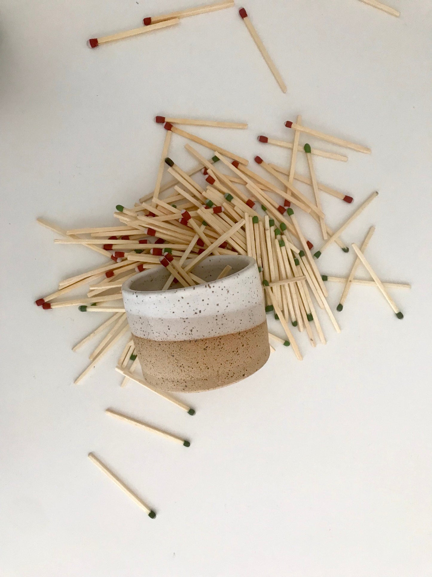 Wide SPECKLED Beige and white- ceramic Matchstick holder- Strike on side - match jar- NEW!