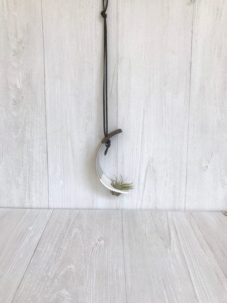 Chocolate- Hanging crescent moon Airplant holder- ceramic- plant vase arc- two tone white on chocolate stoneware
