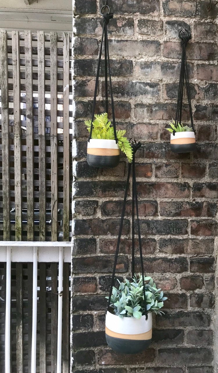 Tri color- Ceramic hanging planters- white and black on stoneware- hanging flower pot - herb planter- three sizes available