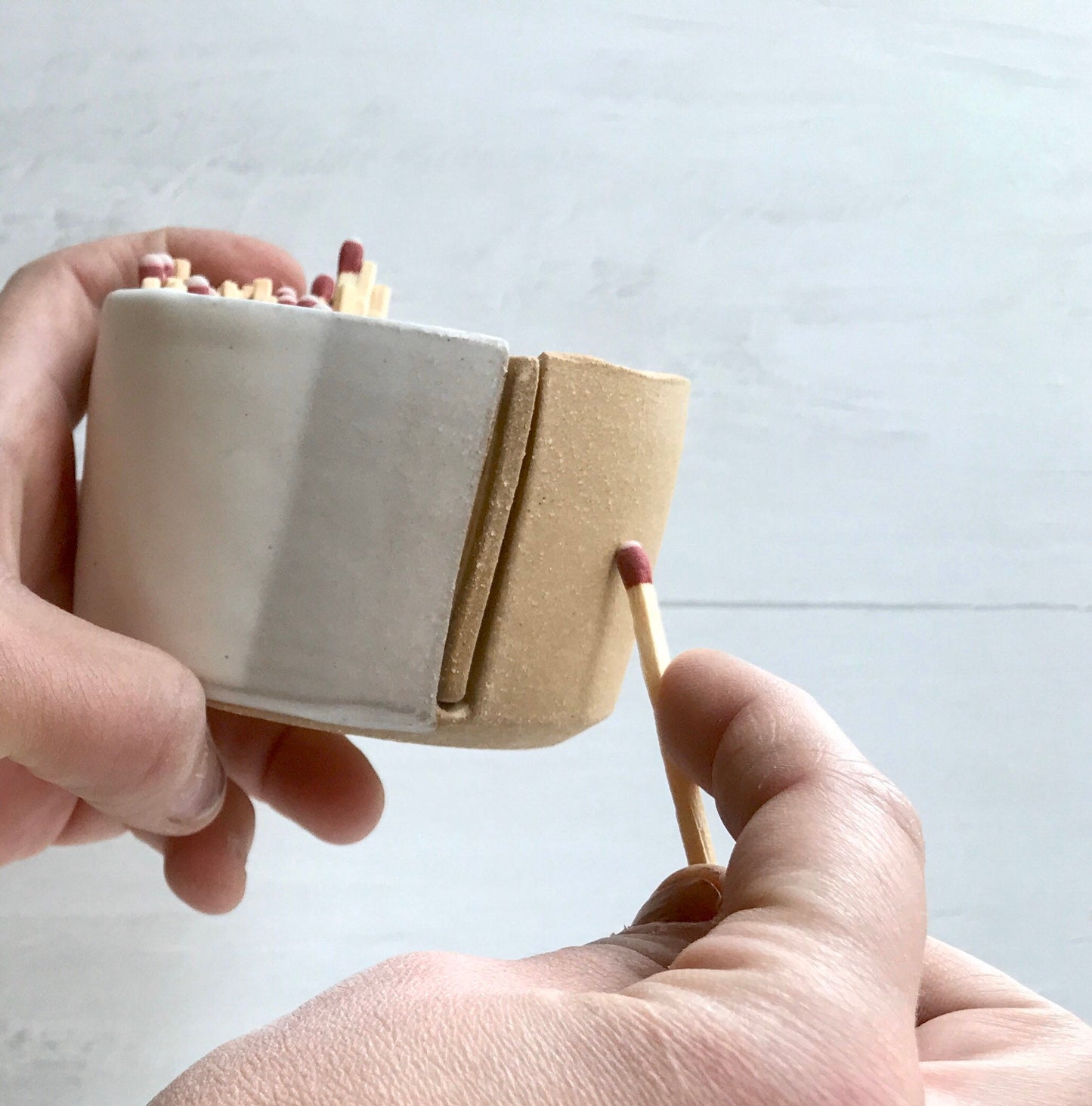 Beige - matchstick duo- ceramic Matchstick holder- With discard slot- Strike on side