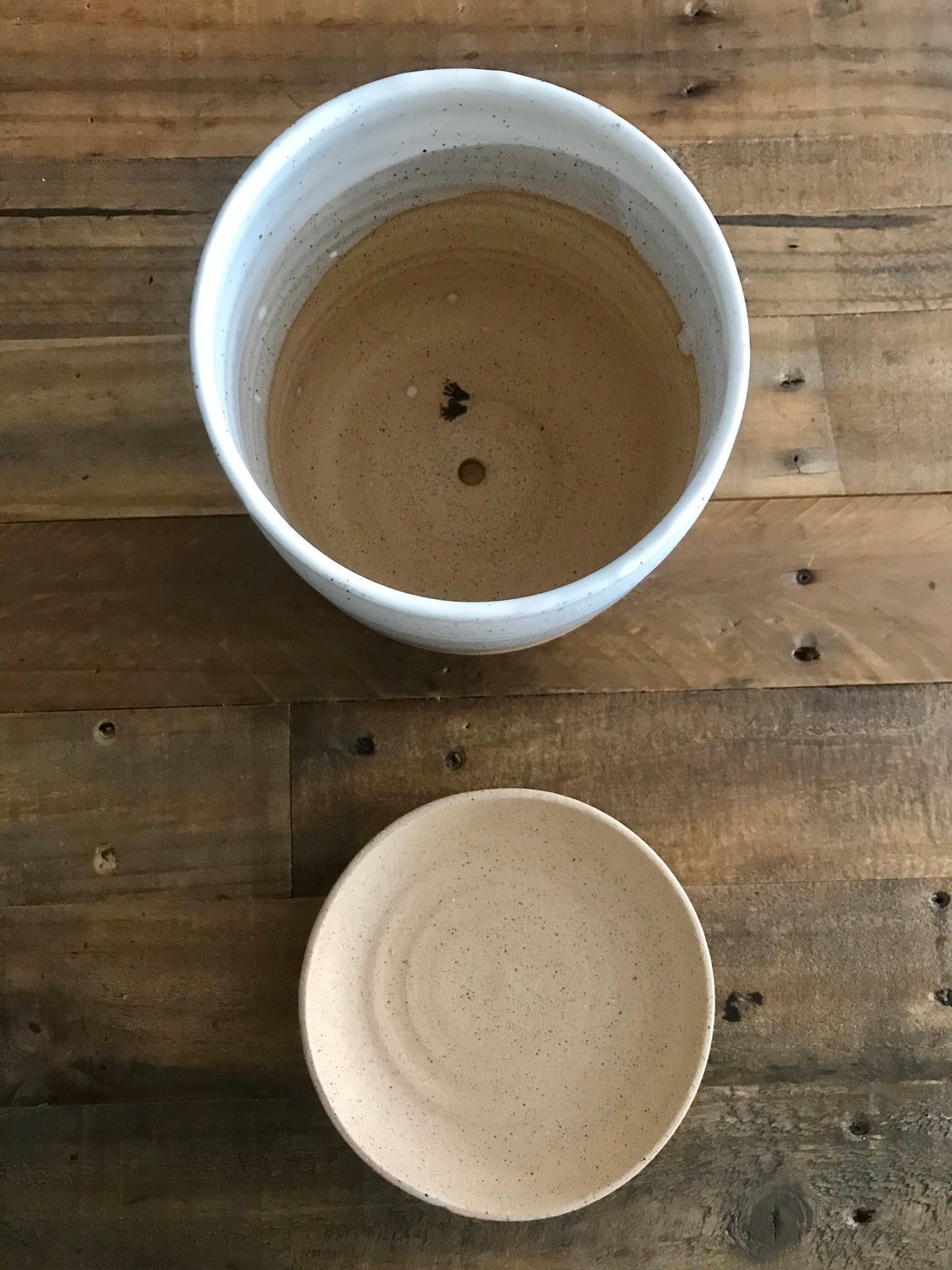 Speckled white-ceramic planter with base- drainage hole-handmade