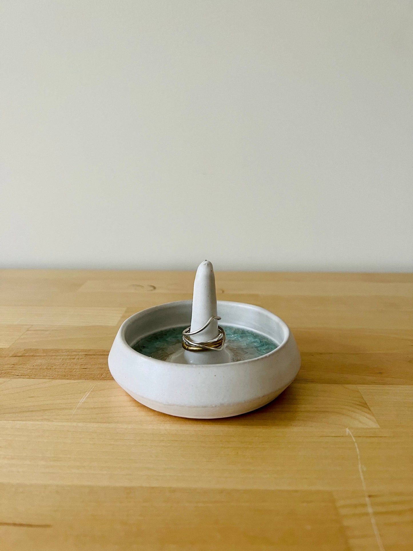 Angled Jewelry and ring dish. Ceramic. White and glass. Handmade