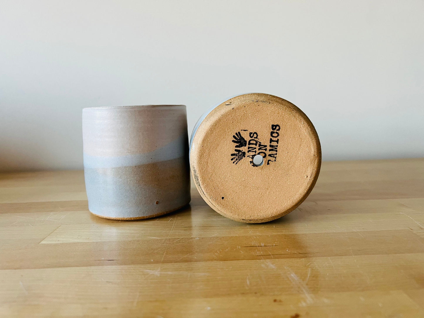 Cylinder Succulent pot- drainage hole . White and blues. Ceramic