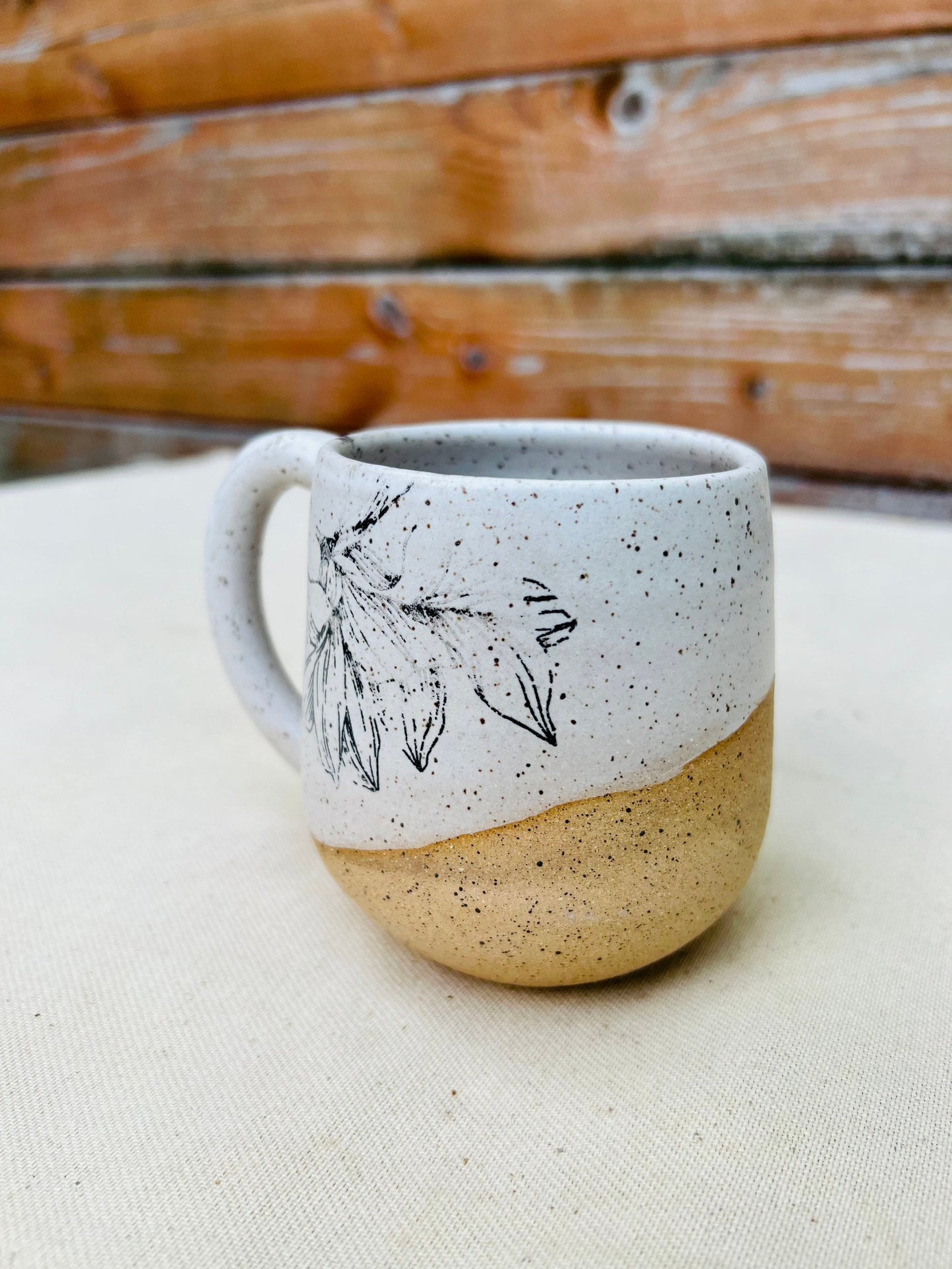Seconds - Round-Bottom Coffee Mug - White and Natural Stoneware - Flower Design