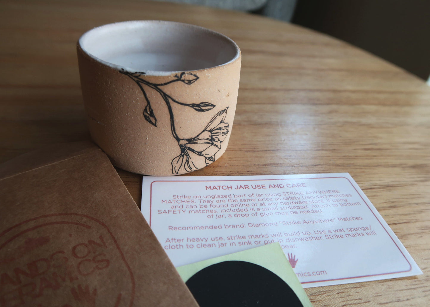 Floral Ceramic Matchstick Holder - Natural Stoneware Texture - Strike-on-side - Handmade Ceramic