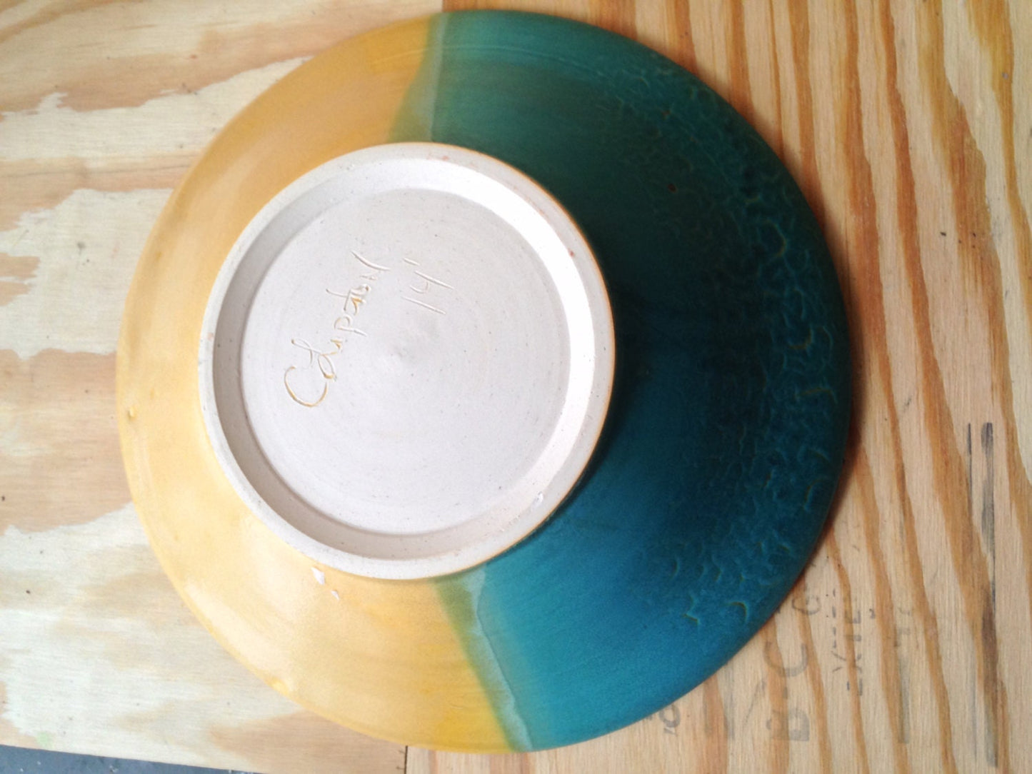 large wide shallow turqouise and yellow multipurpose bowl