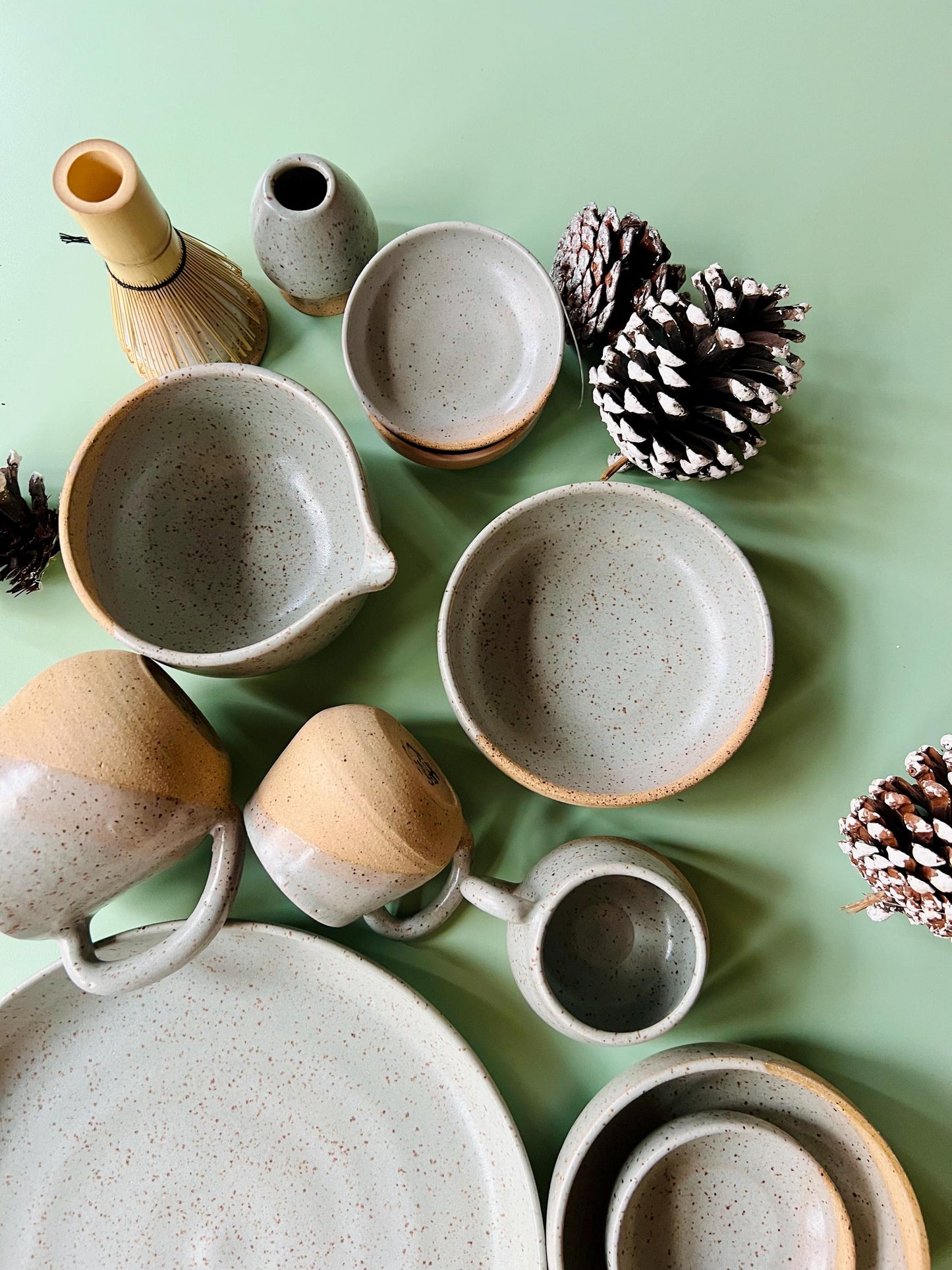 Wide bottom Matcha Bowl. Handmade Set with Spout Bamboo Whisk and Chasen Holder optional