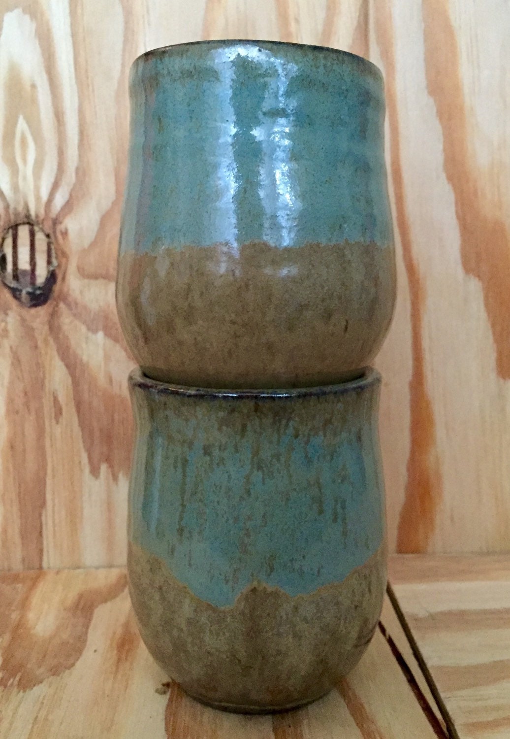 Handmade ceramic mug set of two in almond and teal