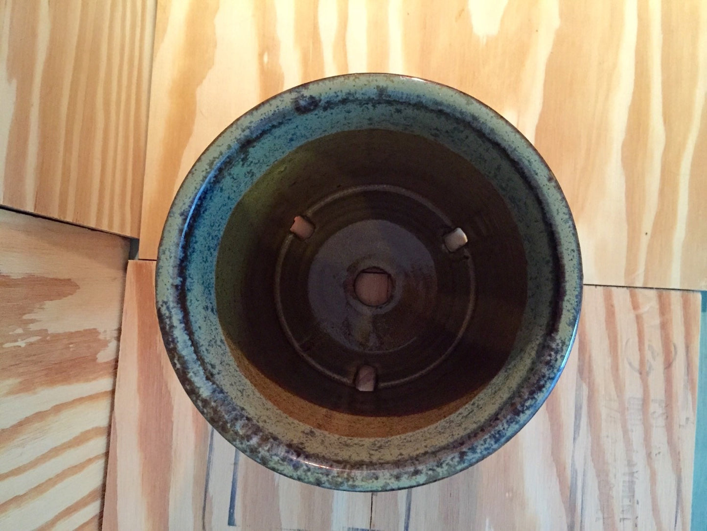 Medium sized handmade ceramic outdoor planter in chestnut and blue glaze