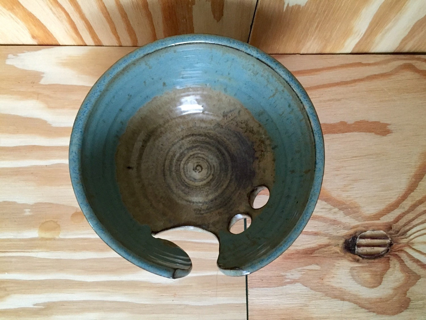 Large handmade ceramic yarnbowl in almond and teal