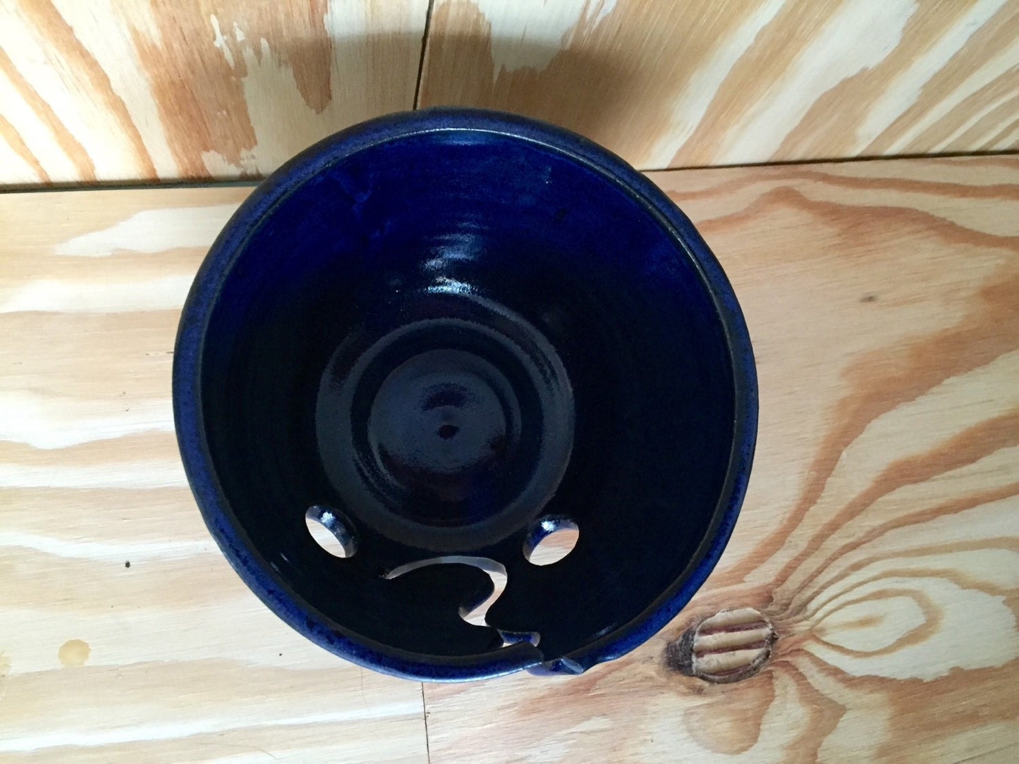 Large handemade ceramic yarn bowl in dark blue