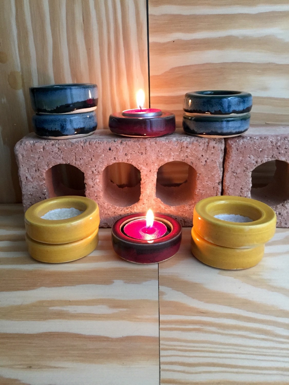 Set of two handmade candle/ tealight holder in blue with melted glass