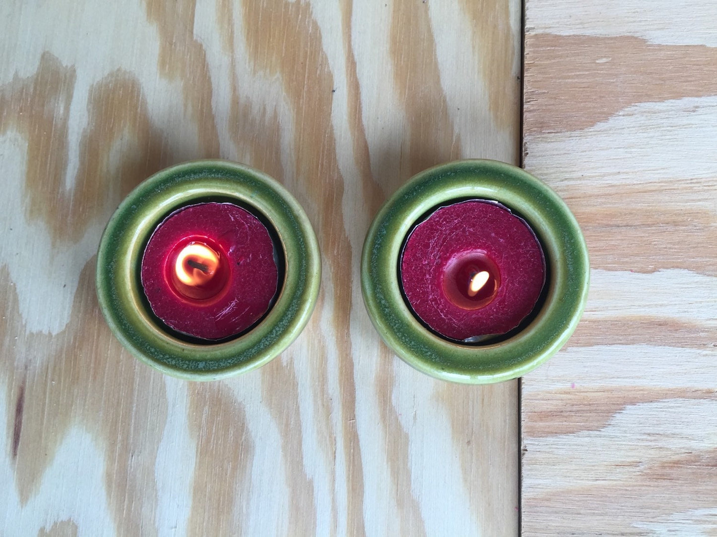 Set of two handmade candle/ tealight holder in lime green