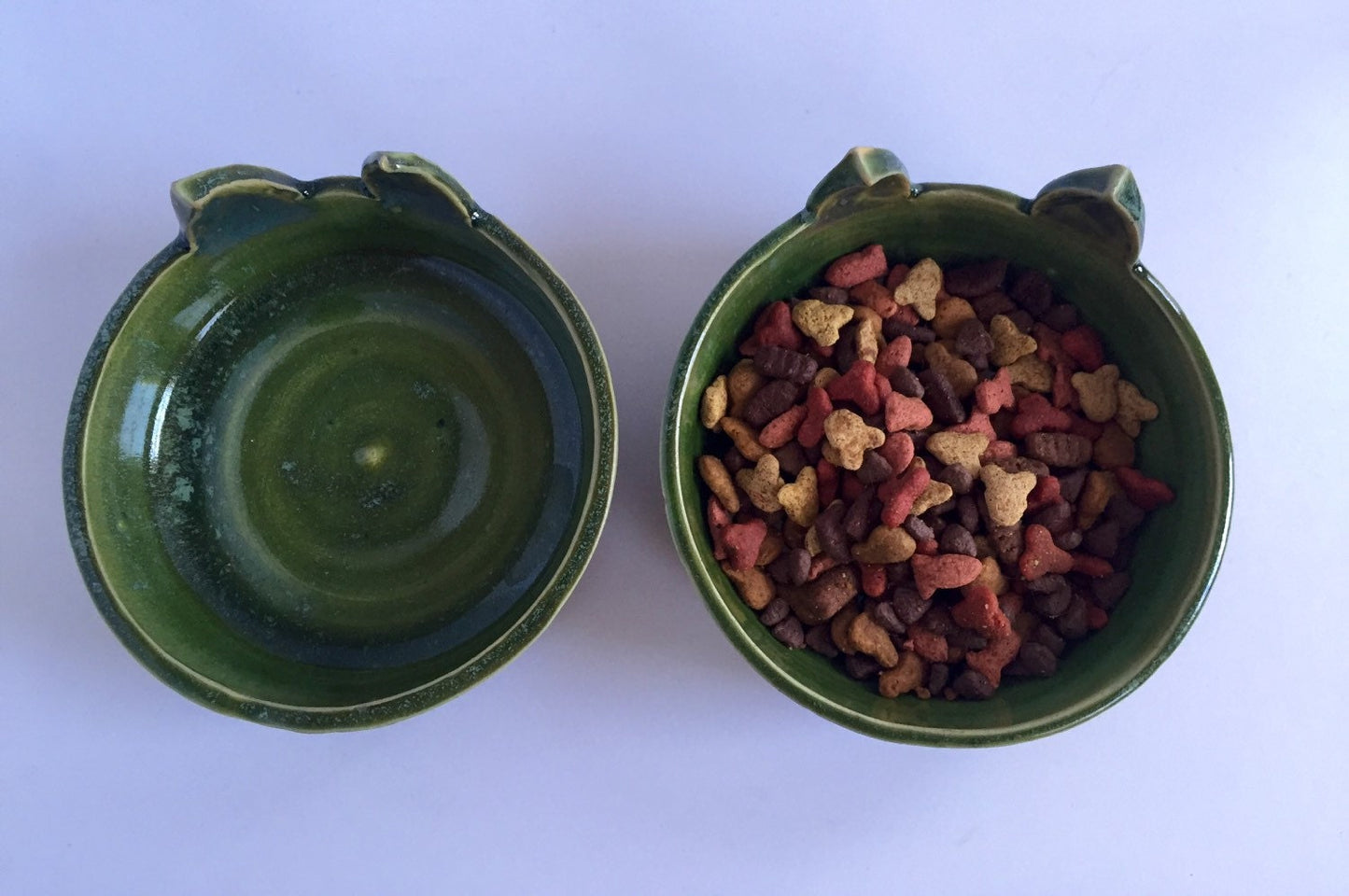Handemade ceramic cat feeding bowls (set of two) in green
