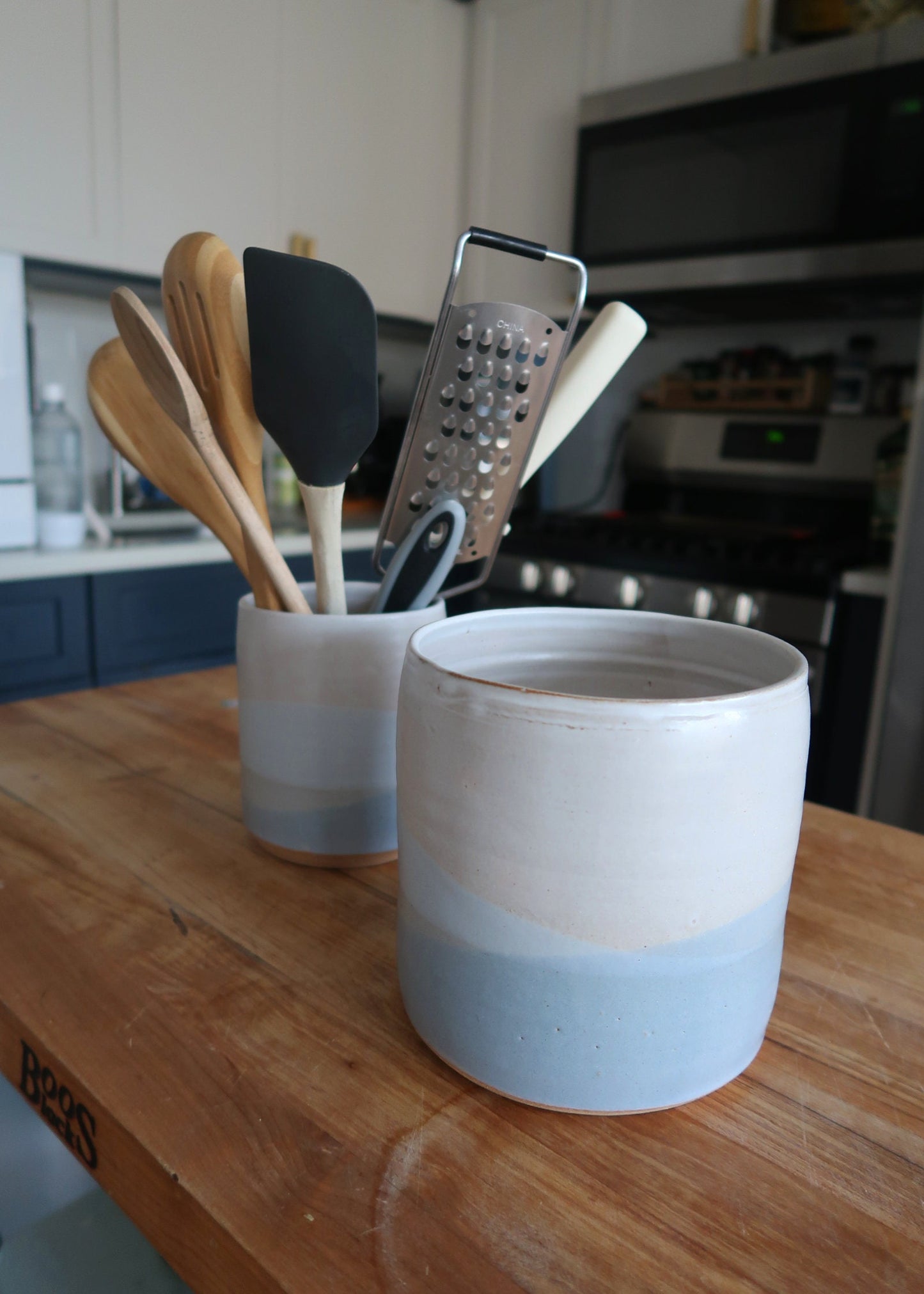 Handmade Criss-Cross Utensil Holder – Ceramic Crock in Warm White or Ocean Blue Glaze – Color & Size Options