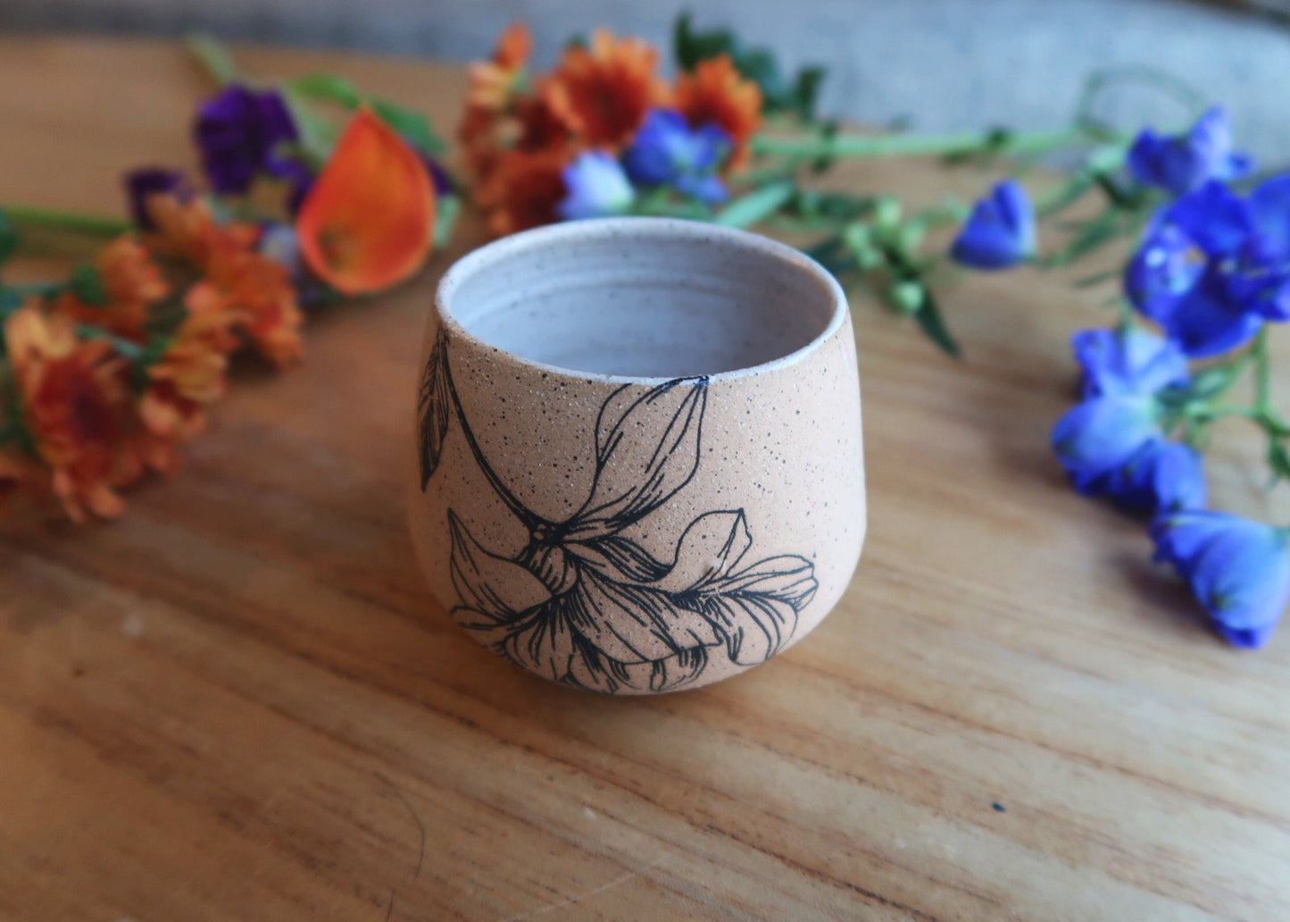 Flower Espresso Cup - White & Speckled Stoneware - Handmade Ceramic Coffee Mug - Small Tumbler Gift
