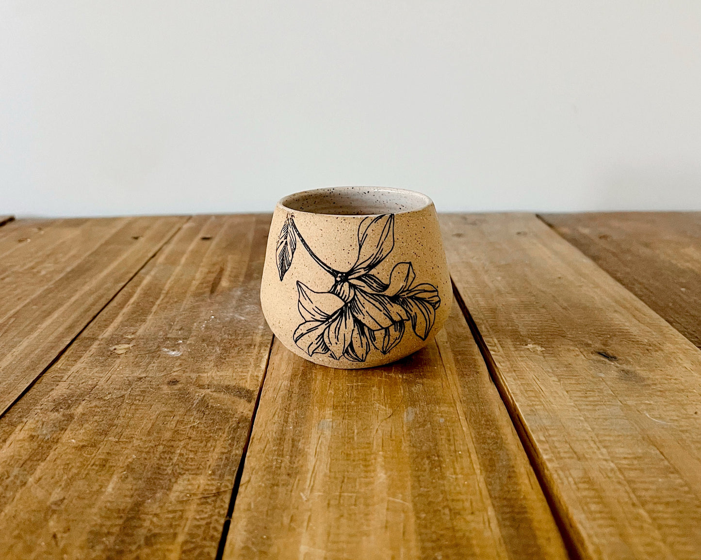 Flower Espresso Cup - White & Speckled Stoneware - Handmade Ceramic Coffee Mug - Small Tumbler Gift