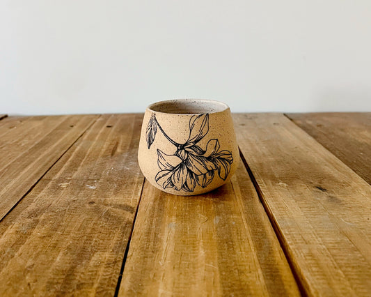 Flower Espresso Cup - White & Speckled Stoneware - Handmade Ceramic Coffee Mug - Small Tumbler Gift