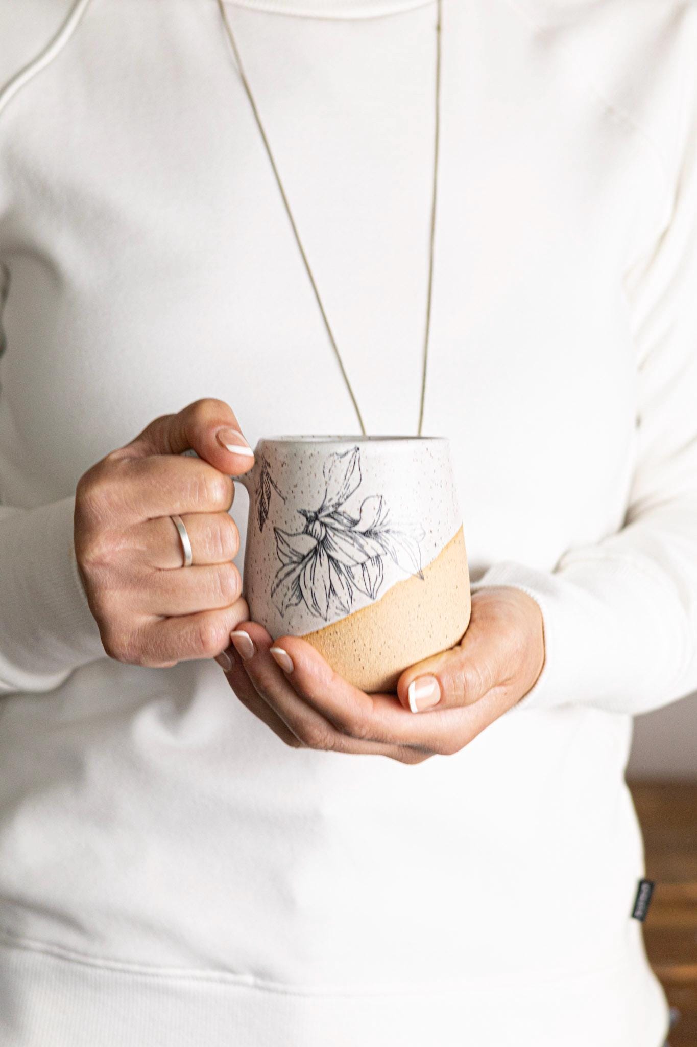 Flower Mug - White and Speckled - Handmade Ceramic Coffee Mug