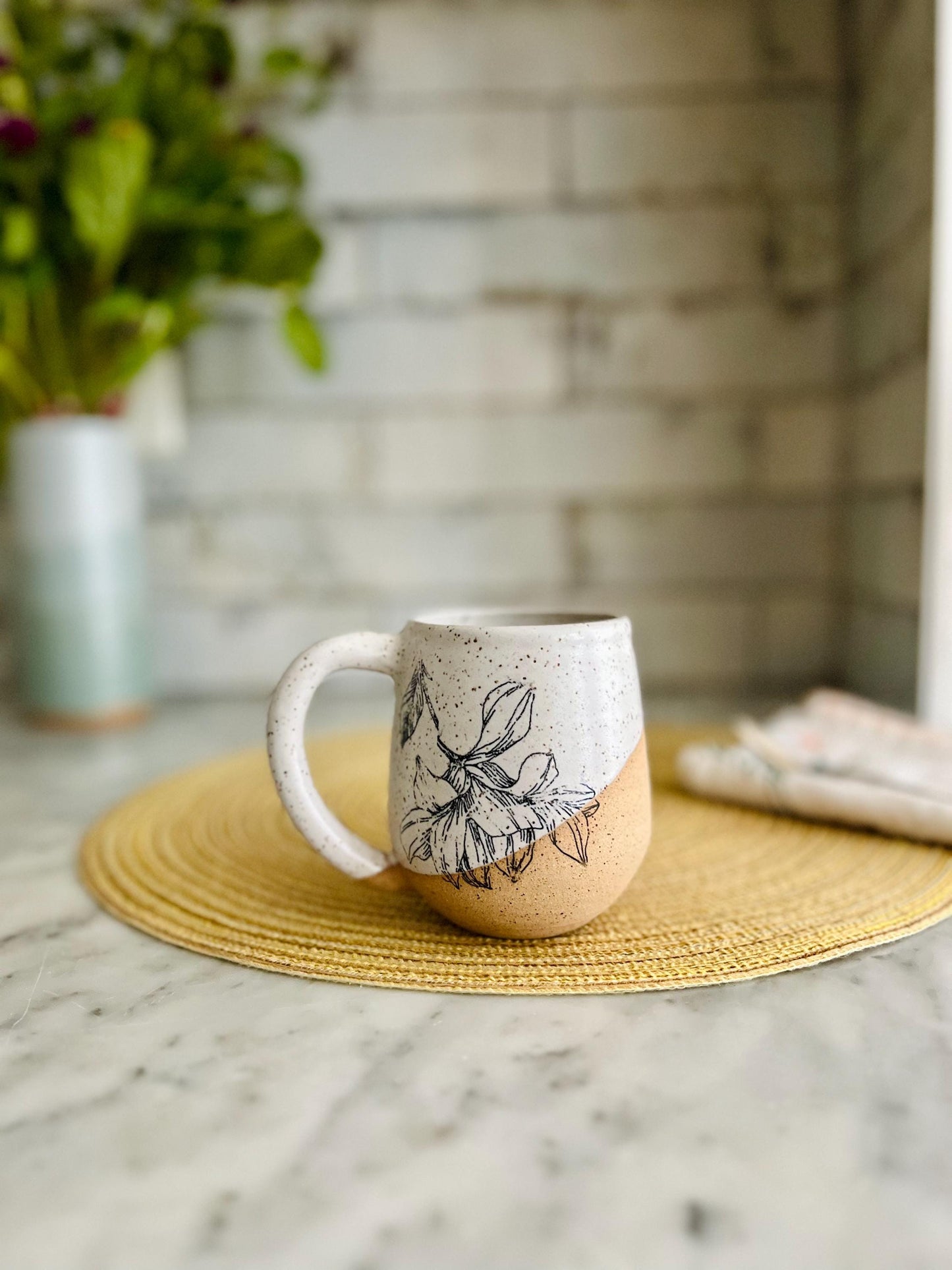 Flower Mug - White and Speckled - Handmade Ceramic Coffee Mug