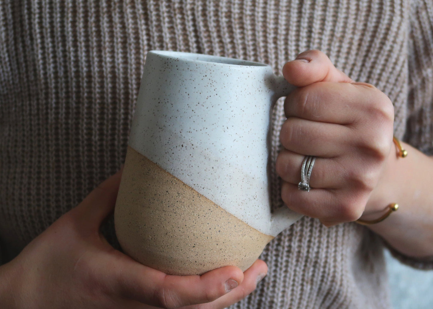 Tall Round-Bottom Mug - White and Beige - Handmade Ceramic Coffee Mug