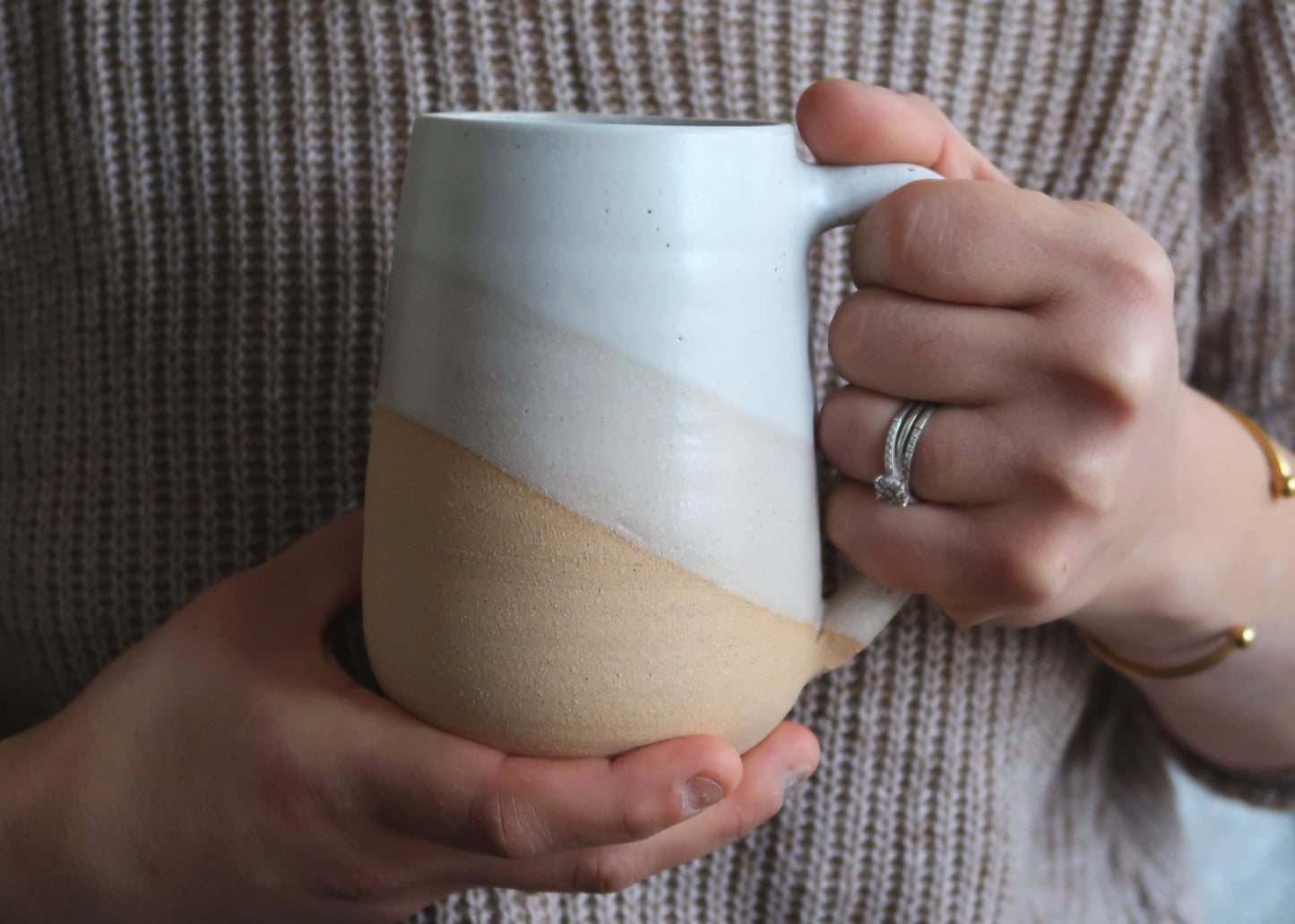 Tall Round-Bottom Mug - White and Beige - Handmade Ceramic Coffee Mug