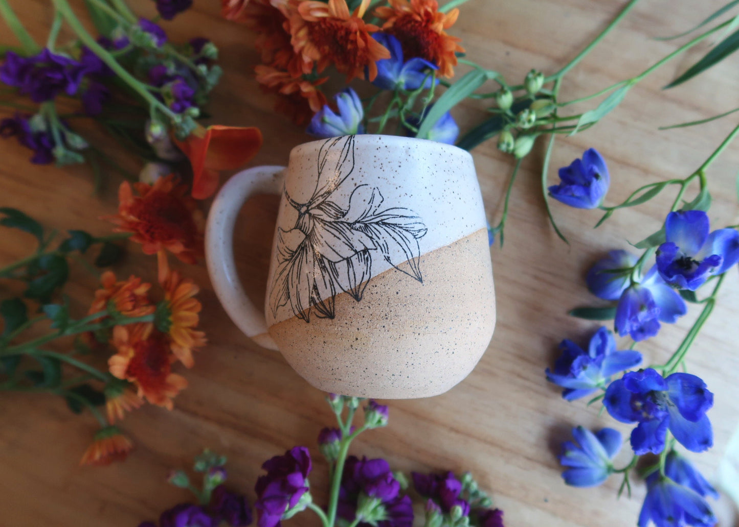 Flower Mug - White and Speckled - Handmade Ceramic Coffee Mug