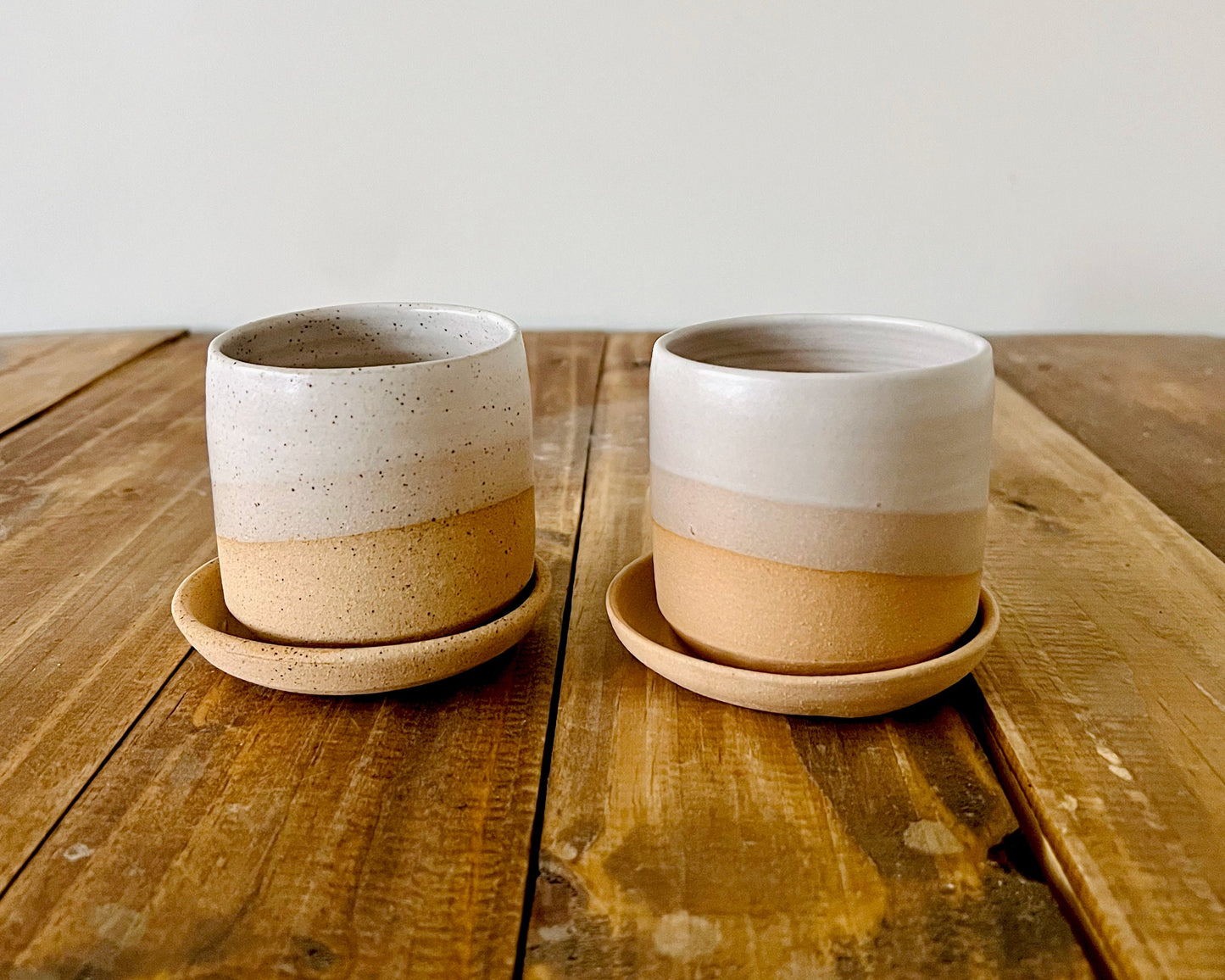 Handmade Ceramic Cylinder Succulent Pot with Saucer – White Planter with Color Options