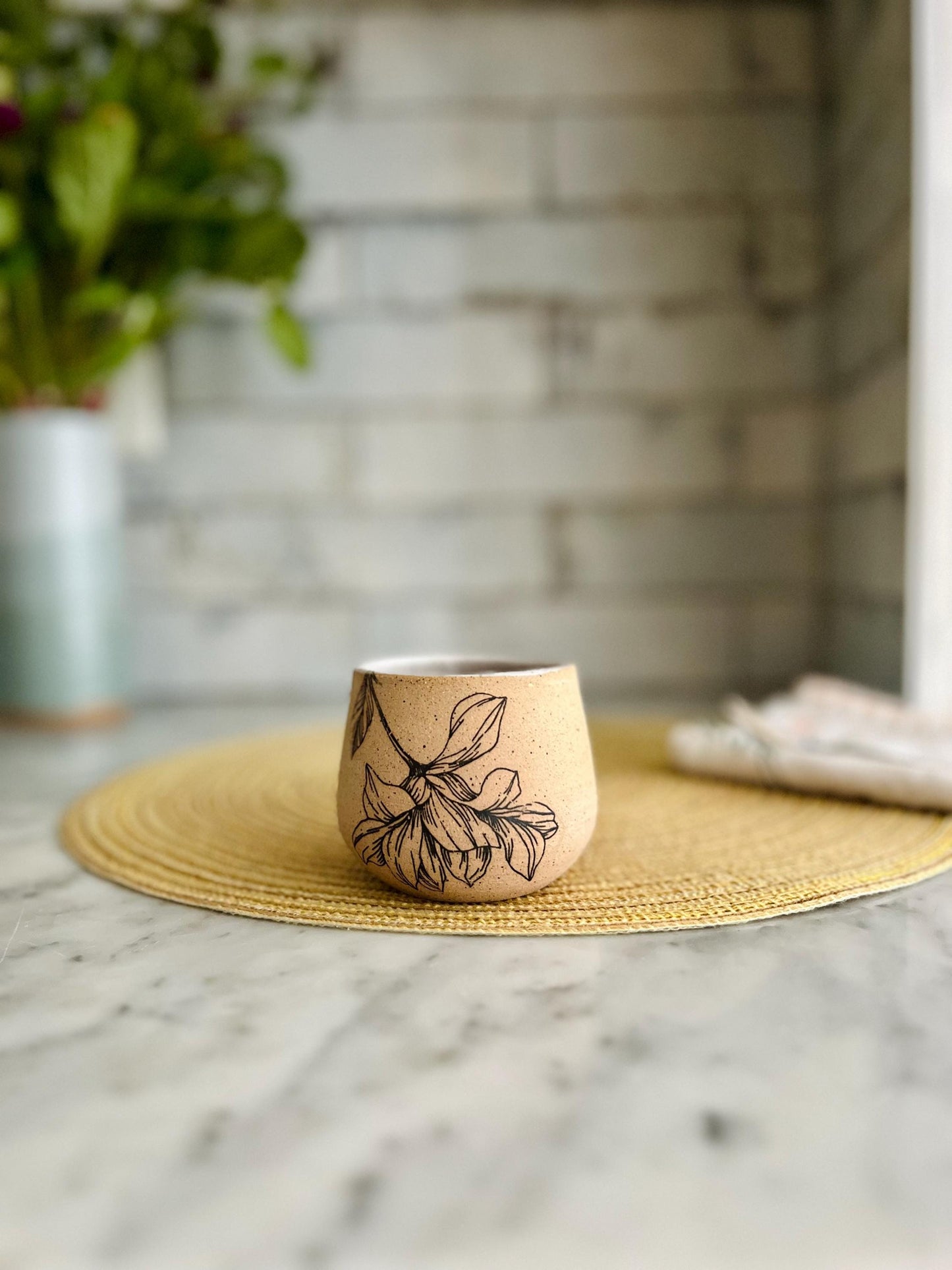 Flower Espresso Cup - White & Speckled Stoneware - Handmade Ceramic Coffee Mug - Small Tumbler Gift-
