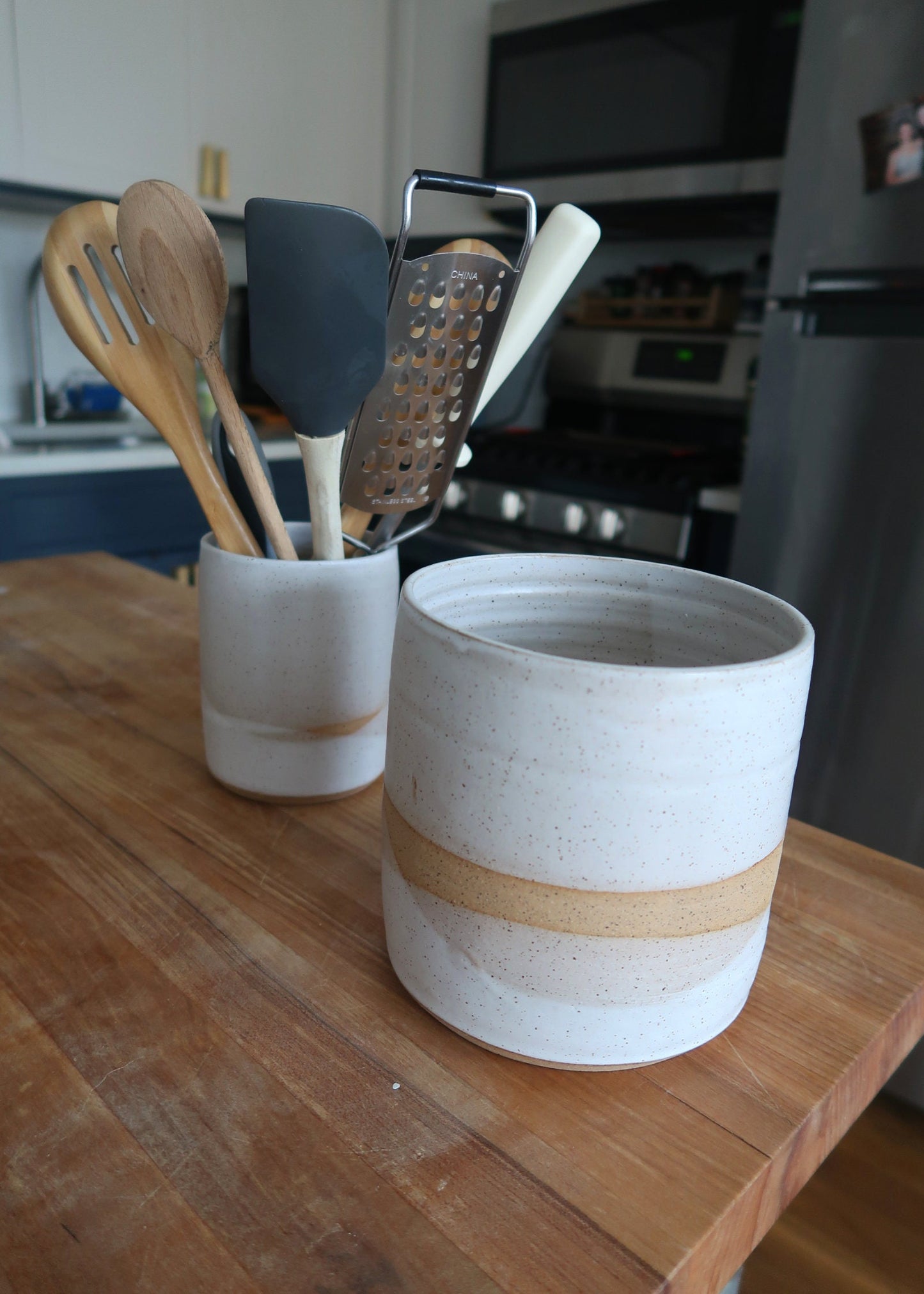 Handmade Criss-Cross Utensil Holder – Ceramic Crock in Warm White or Ocean Blue Glaze – Color & Size Options