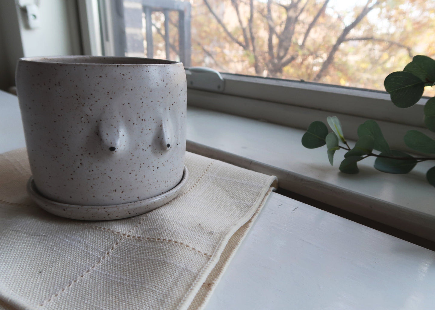 Boobie Planter - Cylinder Planter with Saucer - White - Handmade Ceramic