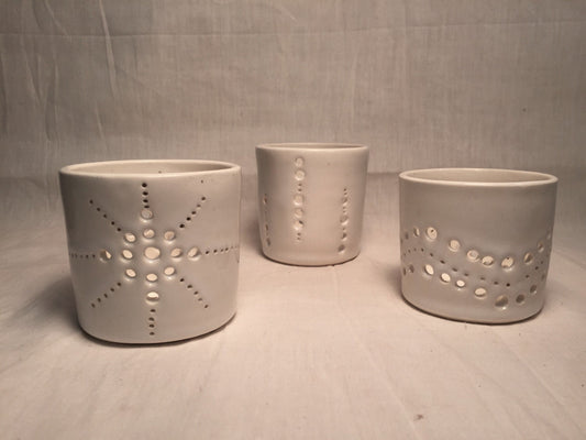 Handemade ceramic - candle/tealight holder - hand cut designs-  SET OF THREE