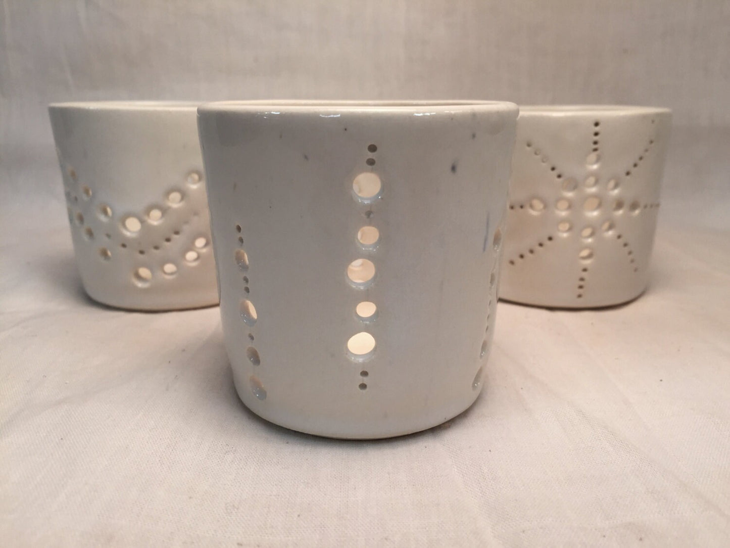 Handemade ceramic - candle/tealight holder - hand cut designs-  SET OF THREE