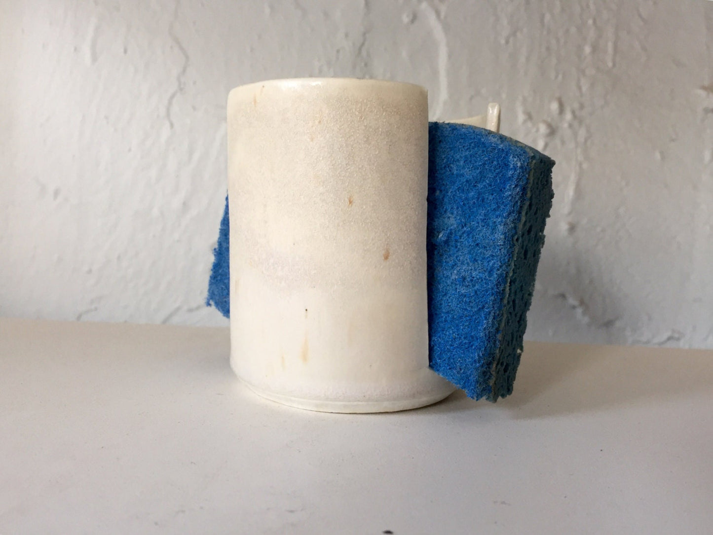 Handmade ceramic sponge holder for kitchen in modern white and pearl.