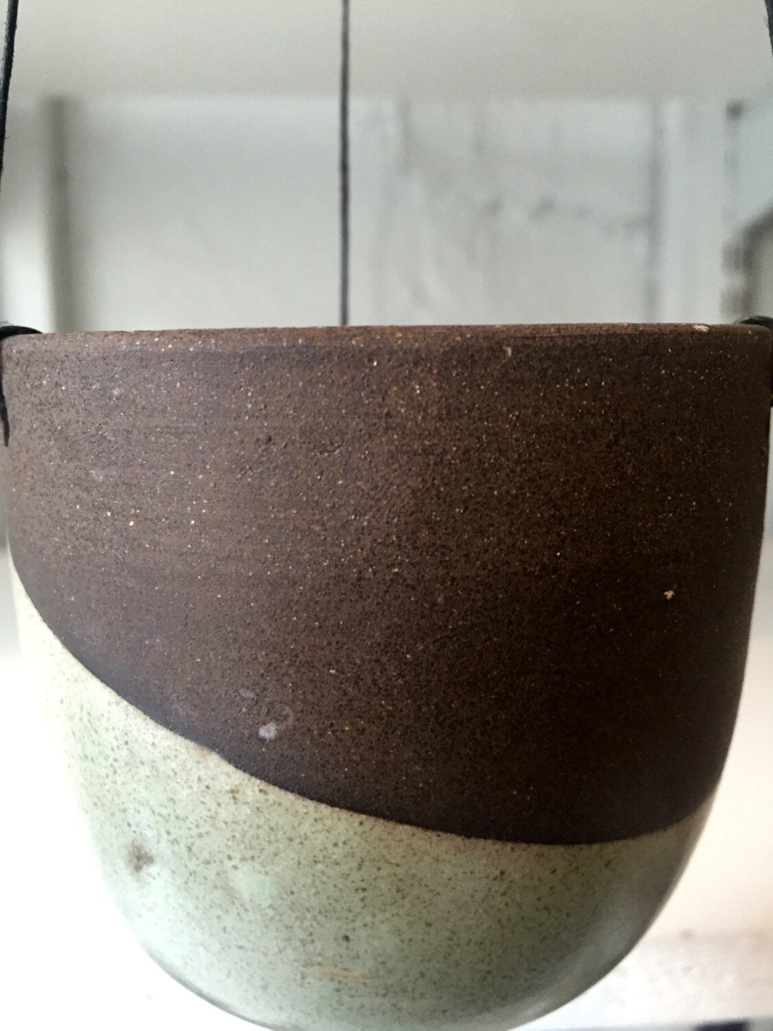 Ceramic sage green outdoor/indoor hanging jar flower/herb/ candle holder