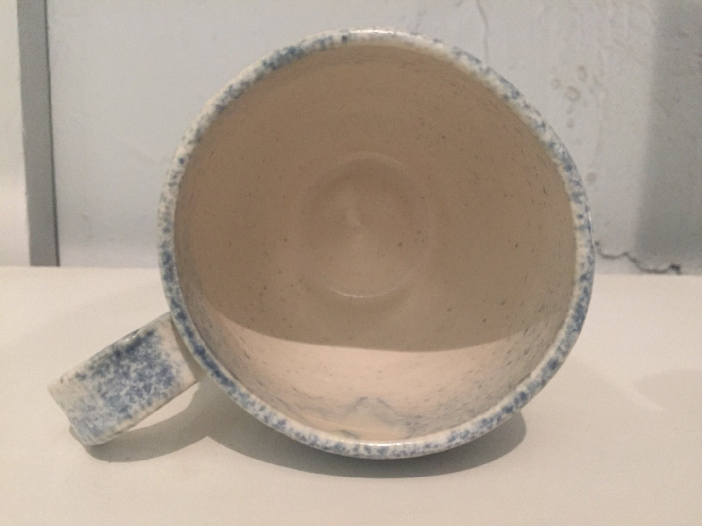 ceramic mug - coffee cup - white with blue spray - half price!