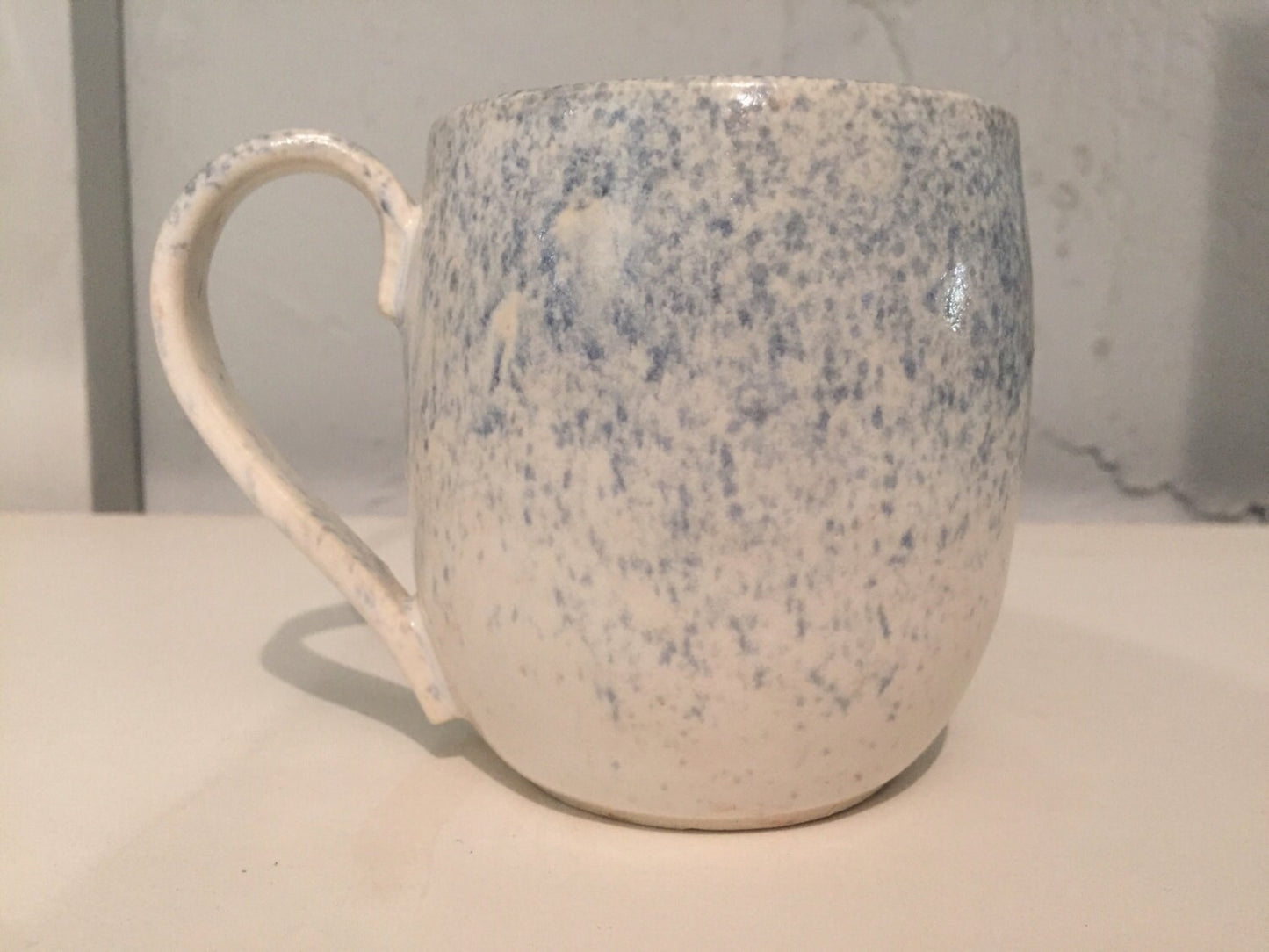 ceramic mug - coffee cup - white with blue spray - half price!