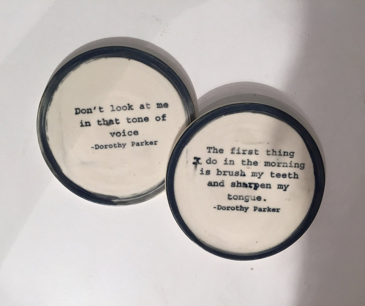 Handemade ceramics - Dorothy Parker quote - coasters - set of two - half price!