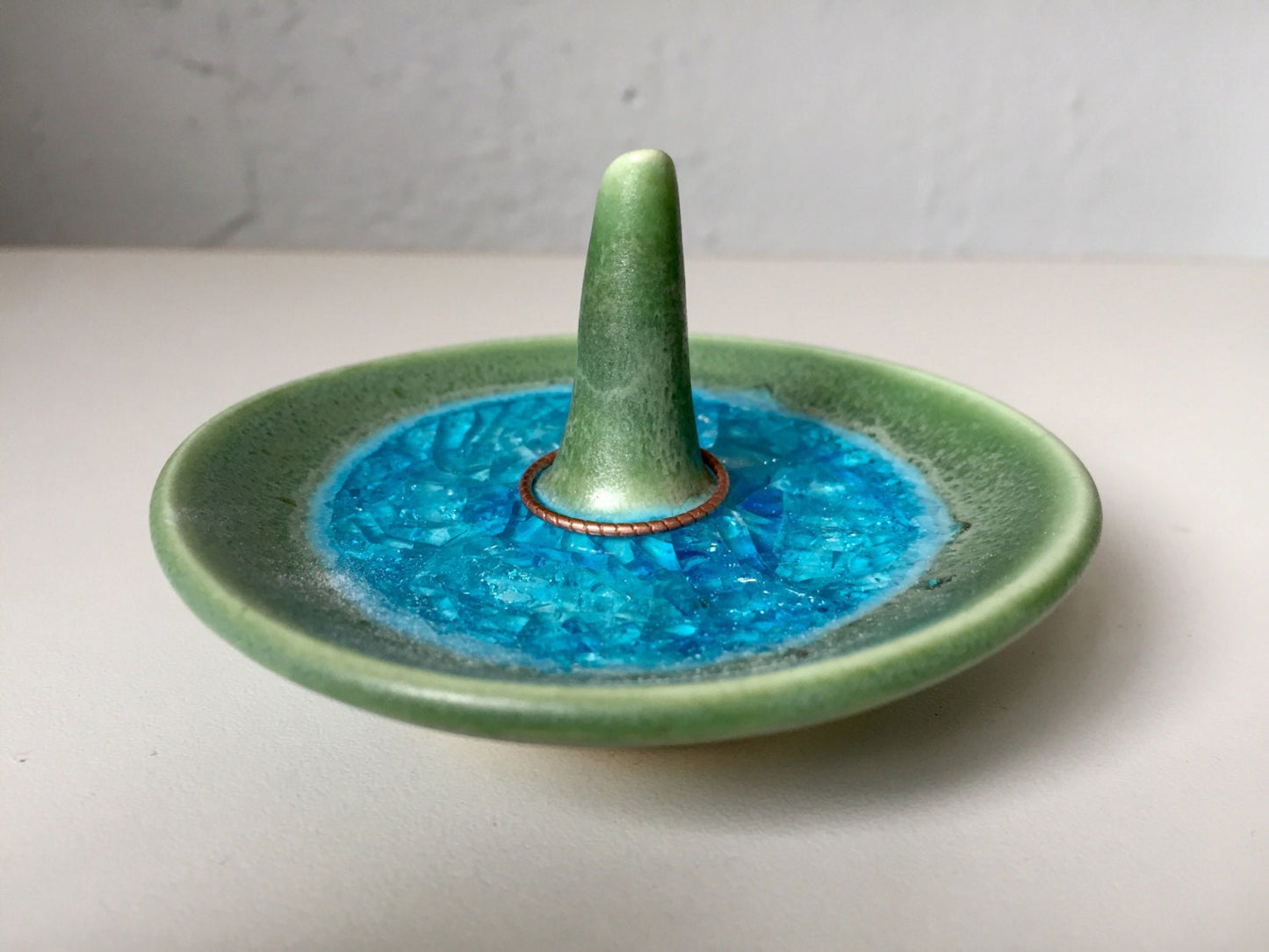 Ceramic ring dish/ holder- ring stem- assorted colors-melted glass