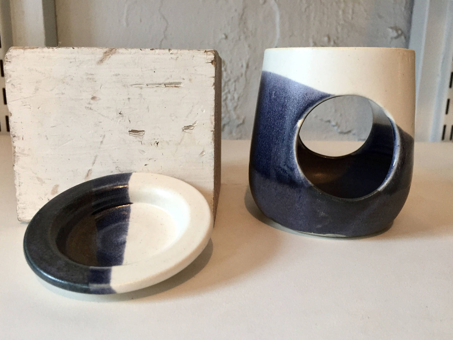 ceramic oil burner/wax melter - White and purple/gray- handmade- NEW!