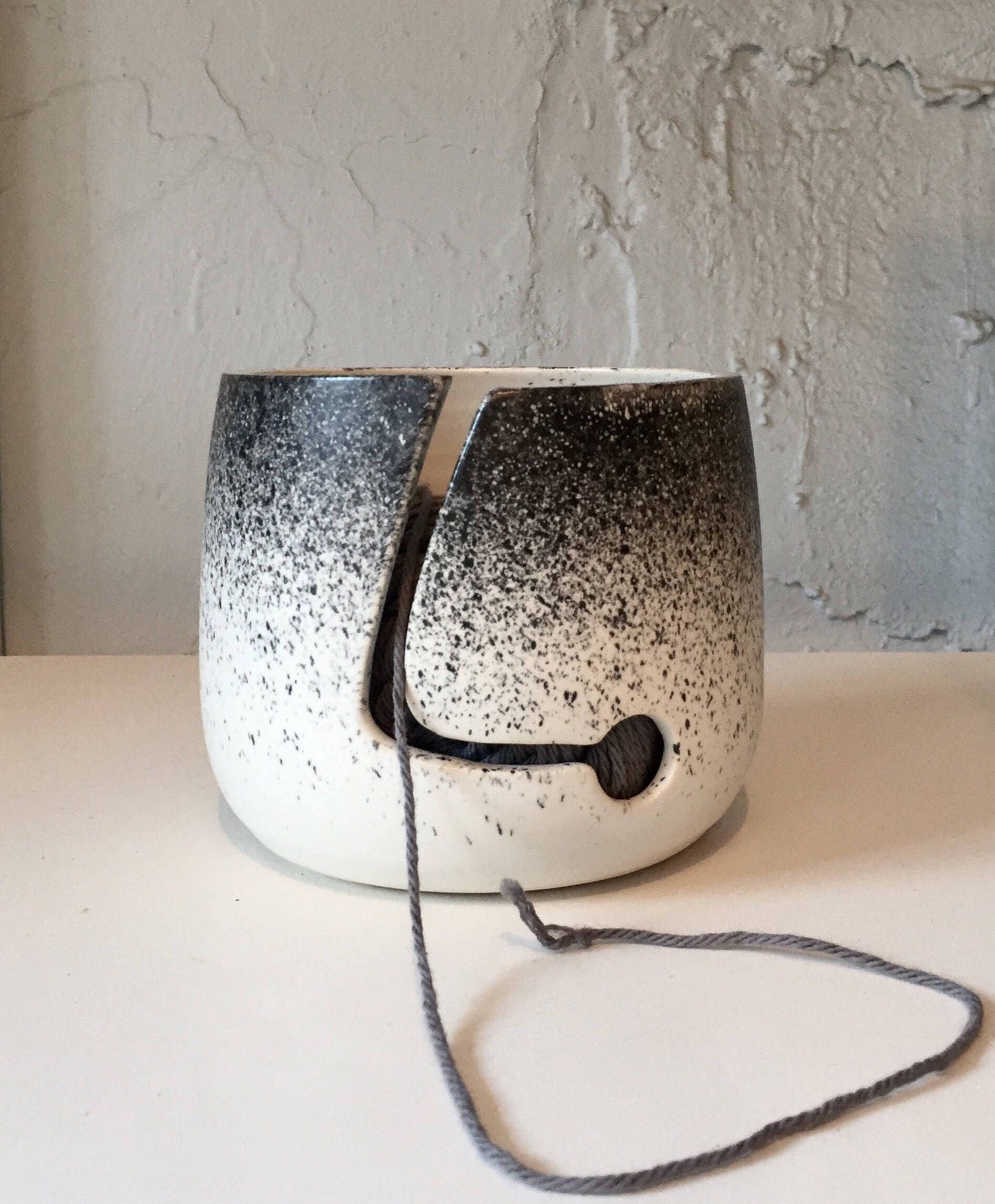 yarnbowl - ceramics - knitting bowl- white with black spray