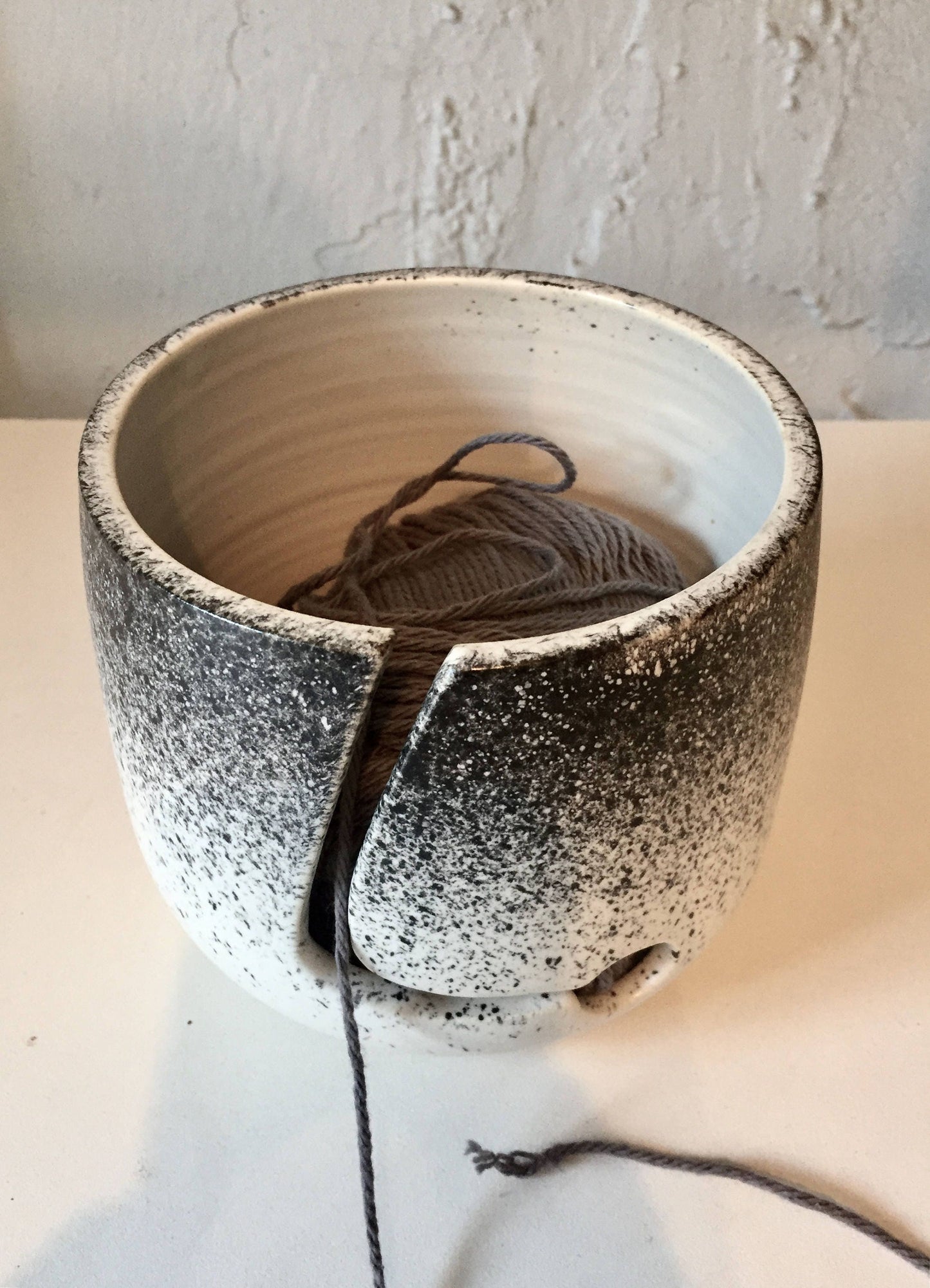 yarnbowl - ceramics - knitting bowl- white with black spray
