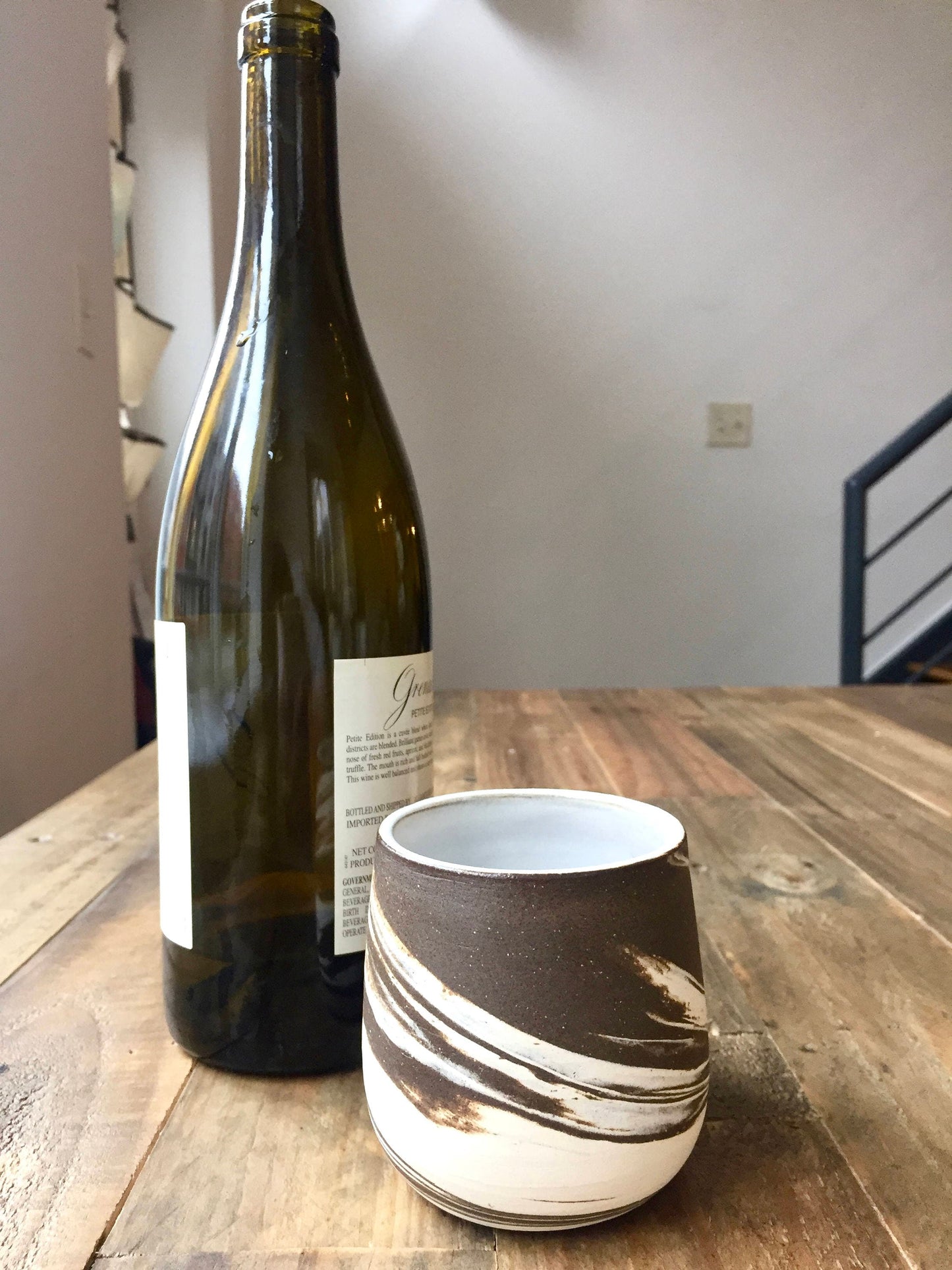 Ceramic stemless wine glassmarble clay- brown and white- functional cup