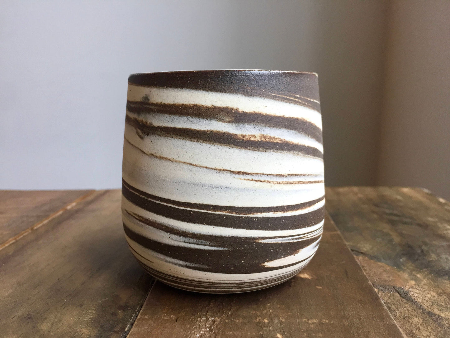 Ceramic stemless wine glassmarble clay- brown and white- functional cup