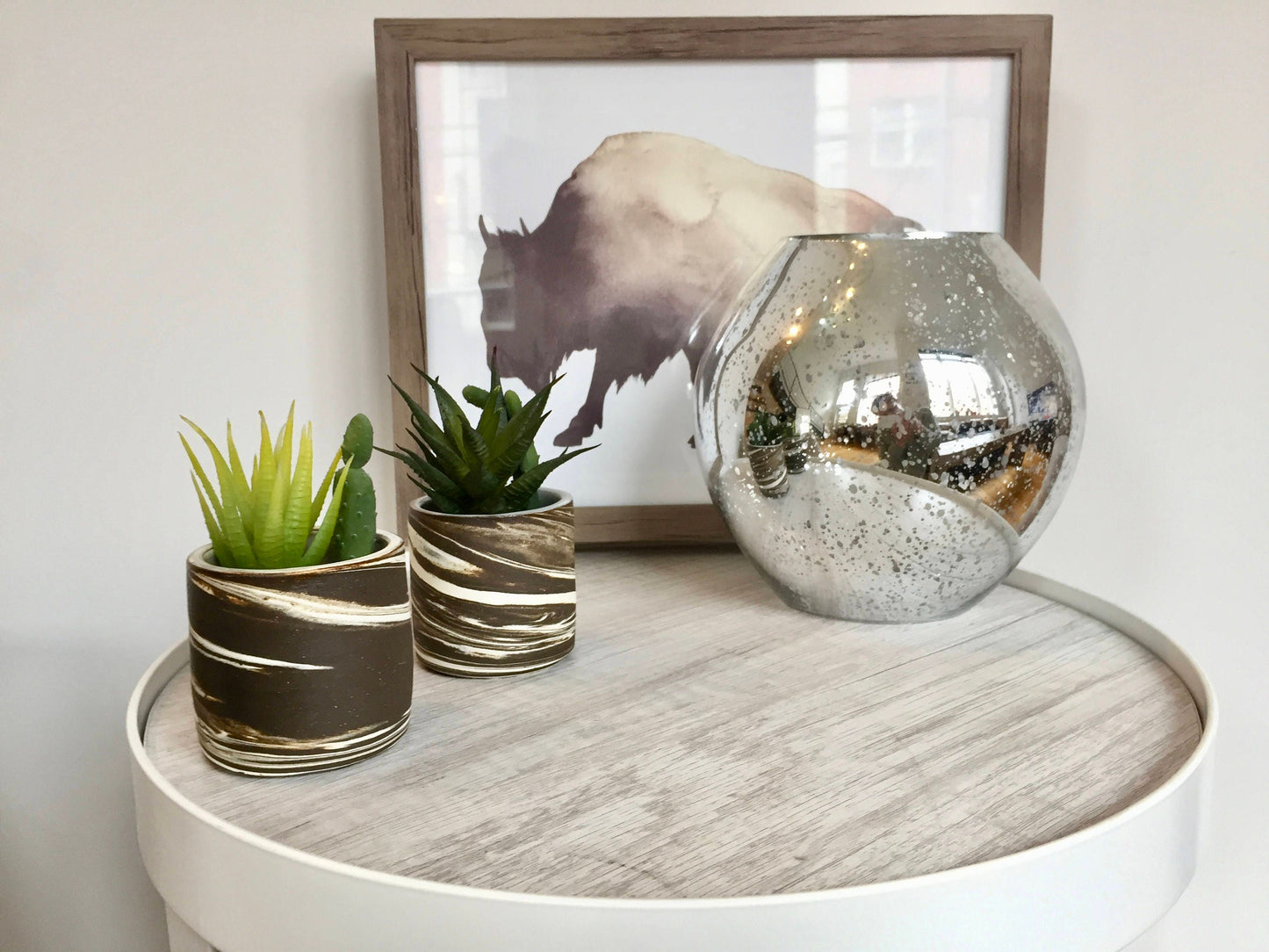 Ceramic mini planter- handmade succulent pot- brown and white- marbled clay