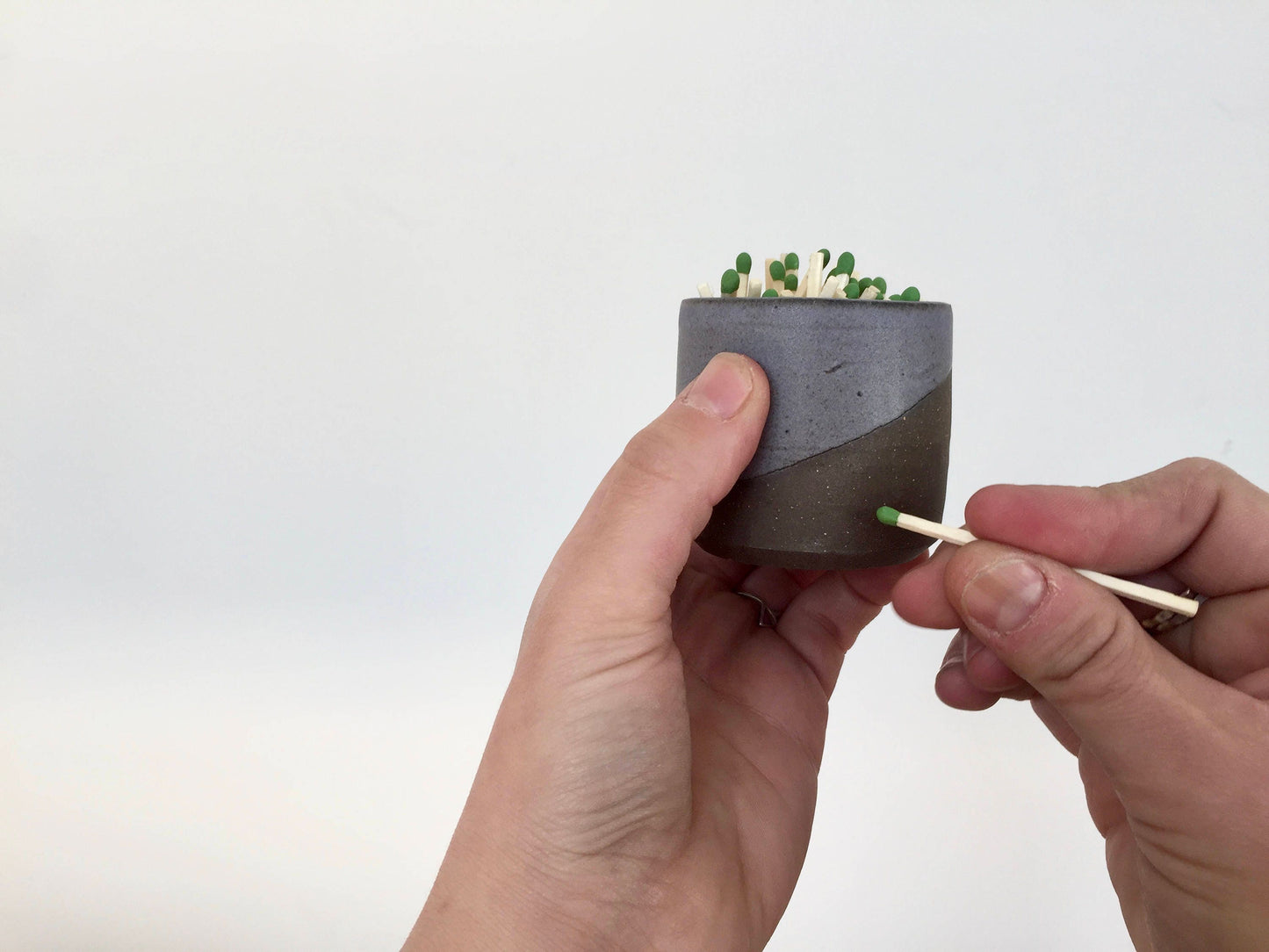 Ceramic Matchstick holder- Strike on side- purple gray- small jar